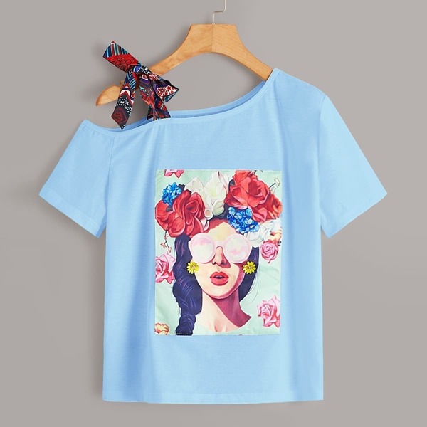 

Figure & Floral Graphic Asymmetrical Neck Tee, Blue