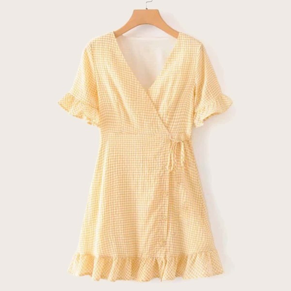 

Ruffle Hem Gingham Tie Side Wrap Dress
