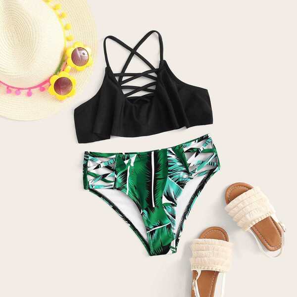

Girls Criss Cross Top With Tropical Bikini Set