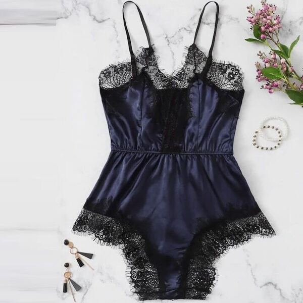 

Plus Lace Trim Satin Teddy Bodysuit, Navy