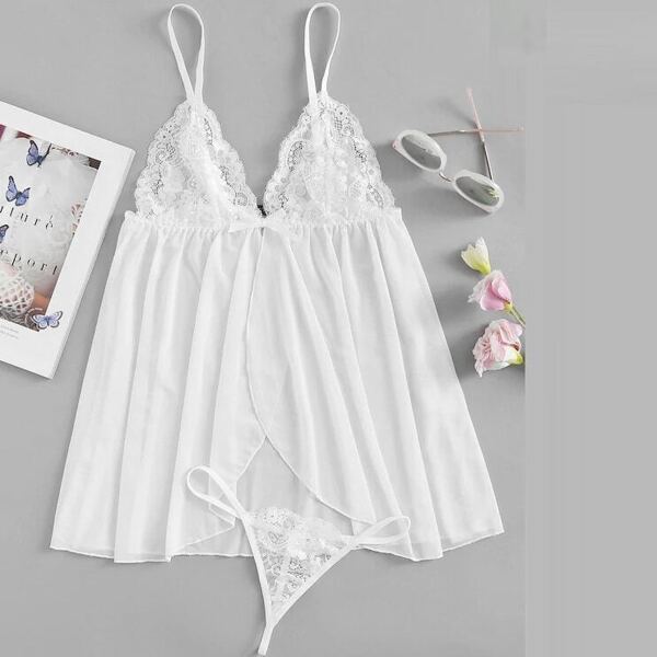

Plus Contrast Lace Sheer Mesh Slips With Thong, White