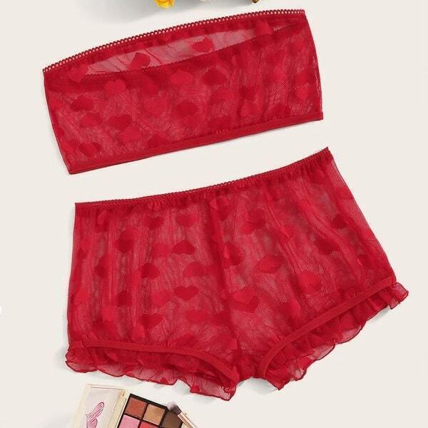 

Plus Heart Print Bandeau Lingerie Set 3pack, Red