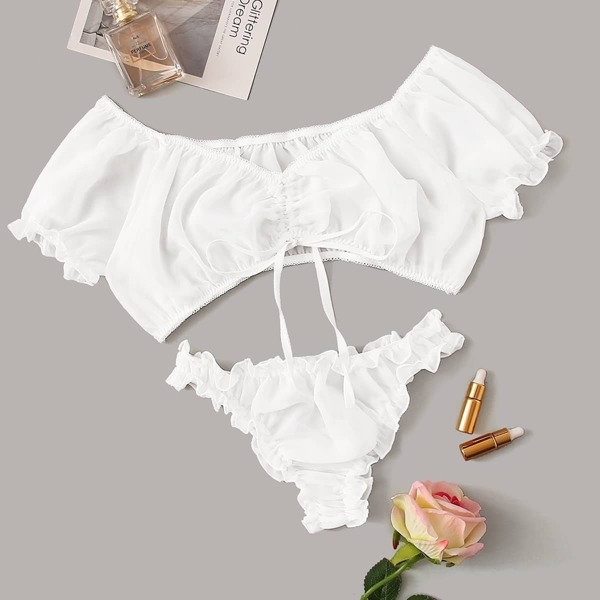 

Plus Ruched Bardot Chiffon Top With Frill Trim Panty