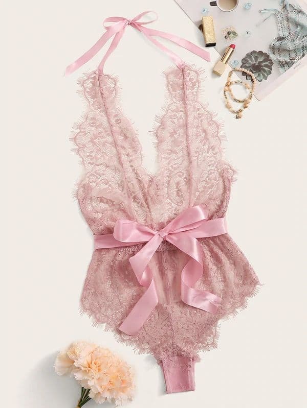 

Plus Floral Lace Teddy Bodysuit With Belt, Pink