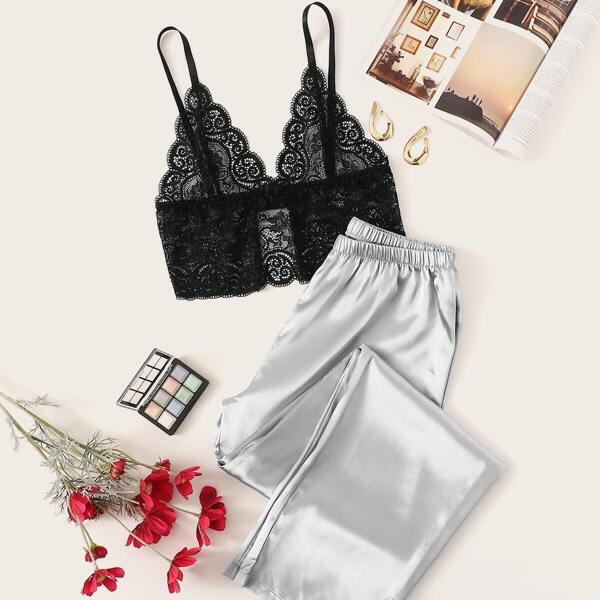 

Plus Floral Lace Top With Satin Pants Set, Black and white