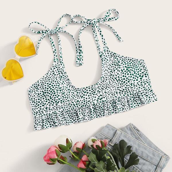

Dot Print Ruffle Hem Self Tie Bikini Top