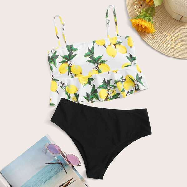 

Lemon Print Ruffle Hem Bikini Set