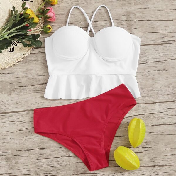 

Lace Up Back Ruffle Hem Underwire Tankini Set, Multicolor