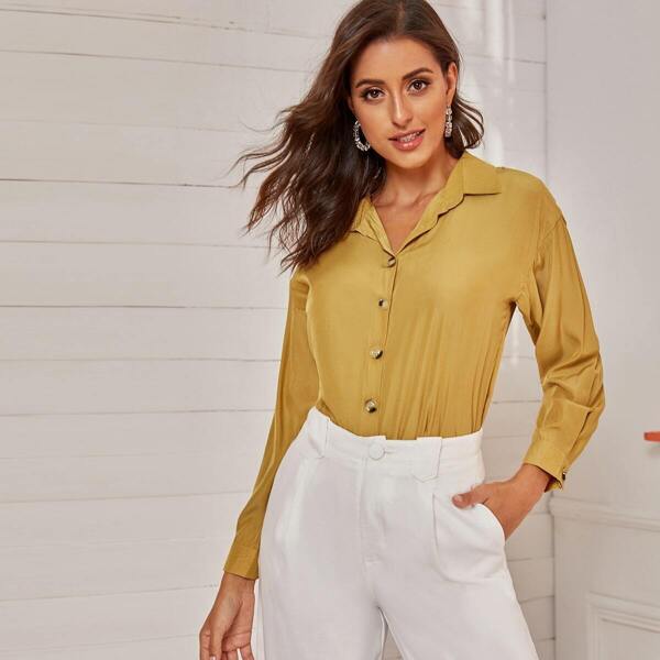 

Solid Button Front Blouse, Yellow