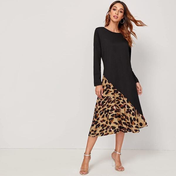 

Contrast Leopard Print Hem Tee Dress