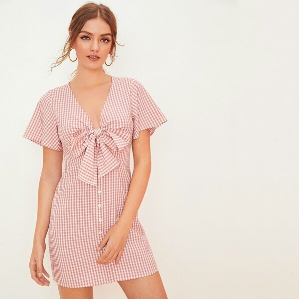 

Gingham Print Tie Front Dress, Pink