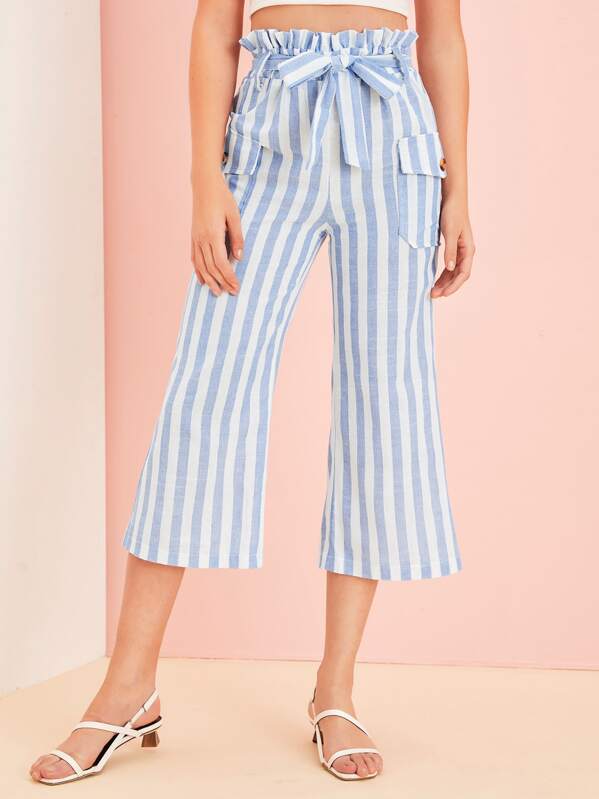 

Striped Self Tie Paperbag Waist Pants, Blue, Luiza