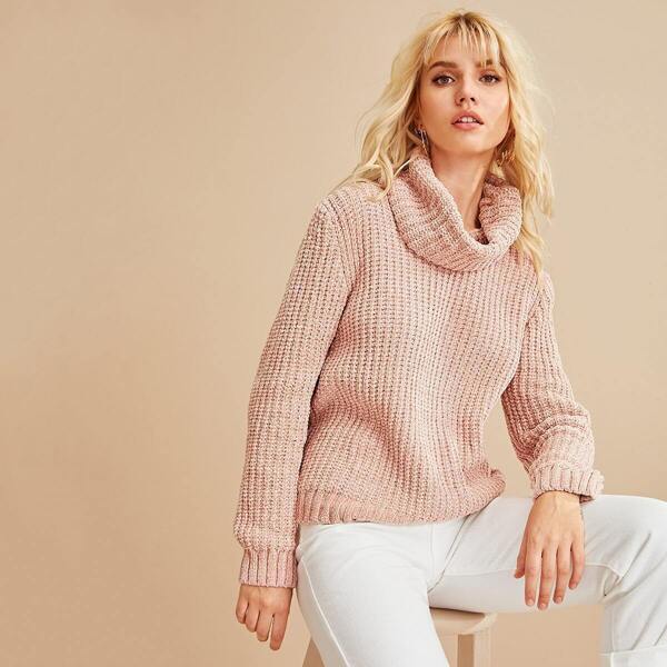 

Solid High Neck Pullover Sweater, Pink