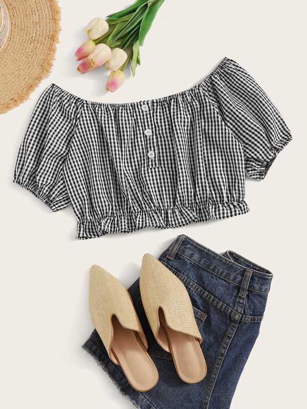 

Gingham Frill Hem Crop Top, Black and white