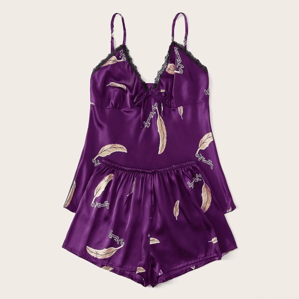 

Feather Print Lace Trim Satin Cami PJ Set, Purple