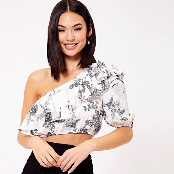 

One Shoulder Ruffle Layered Top, Black and white