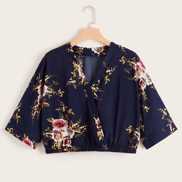 

Plus Floral Print Surplice Blouse, Navy
