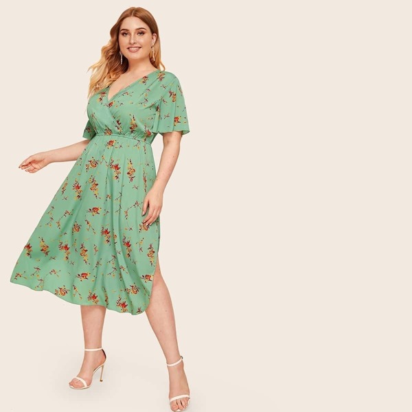 

Plus Surplice Ditsy Floral Print Split High Hem Dress, Green