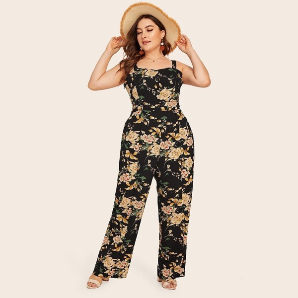 

Plus Floral Print Button Front Cami Jumpsuit, Multicolor