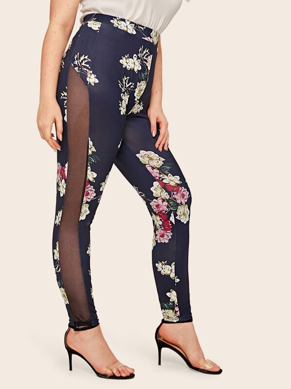 Plus Floral Print Side Contrast Mesh Slim Leggings, Navy, Nora