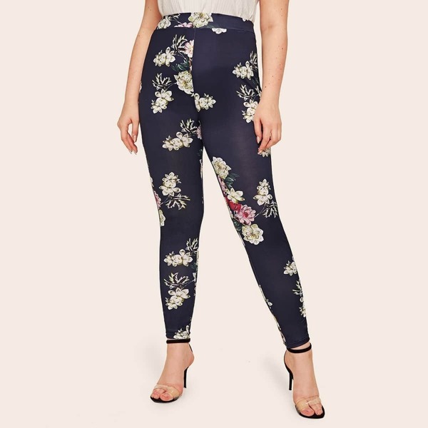 

Plus Floral Print Side Contrast Mesh Slim Leggings