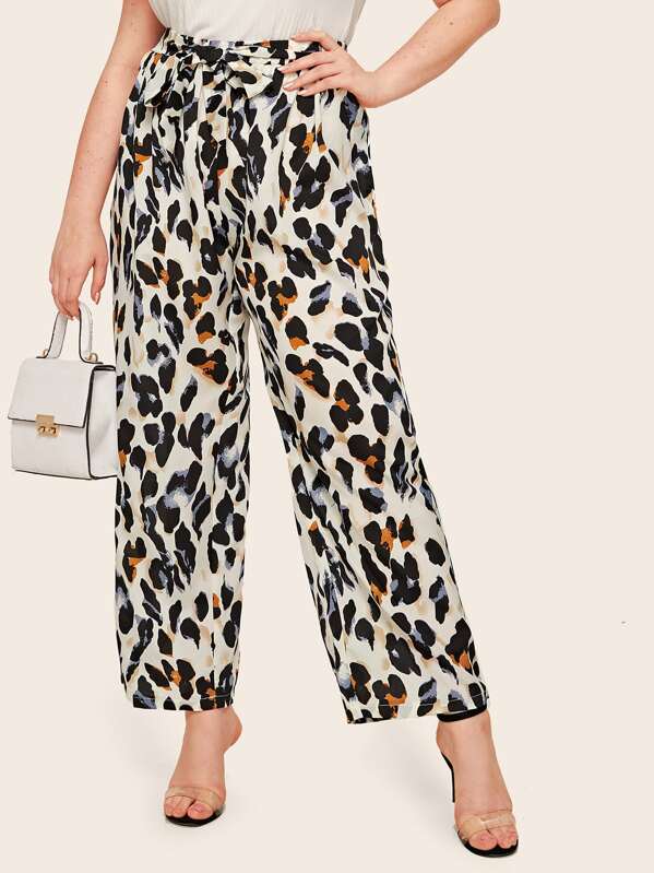 

Plus Leopard Print Belted Pants, Multicolor, Nora