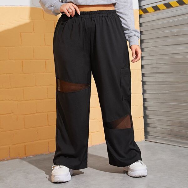 

Plus Contrast Fishnet Side Pocket Pants, Black