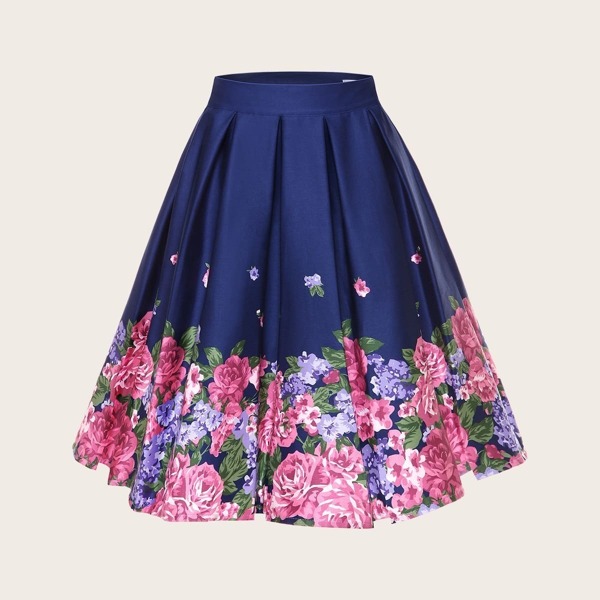 

Plus Floral Print Flared Skirt, Navy