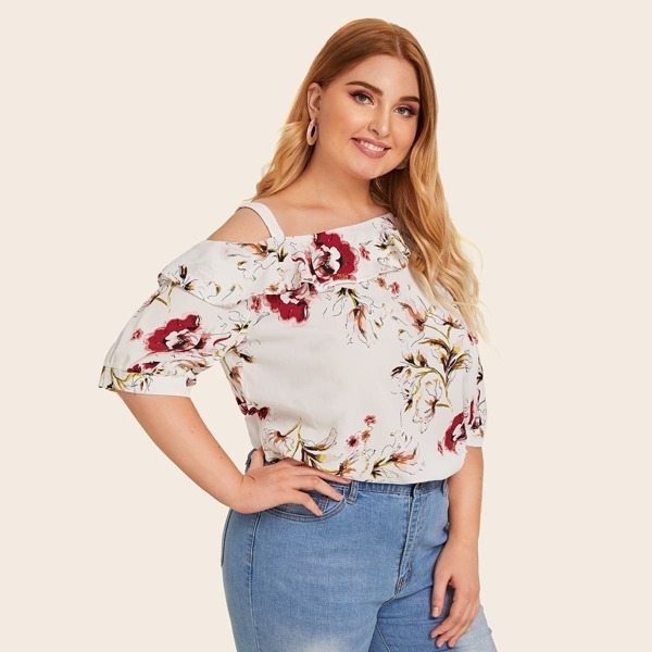 

Plus Floral Print Ruffle Asymmetrical Neck Top, Multicolor