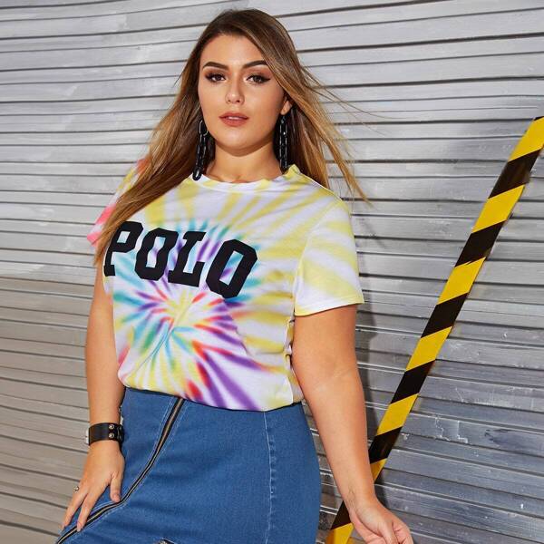 

Plus Letter Print Tie Dye Tee, Multicolor