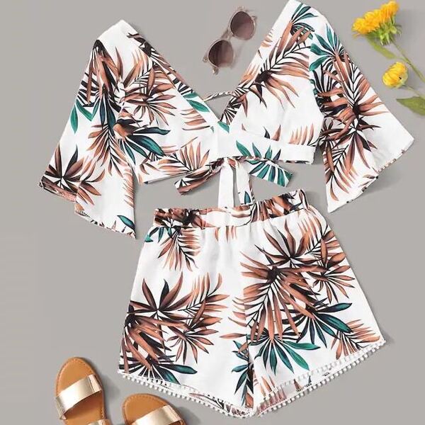 

Plus Plants Print Flared Sleeve Top With Contrast Fringe Shorts, Multicolor