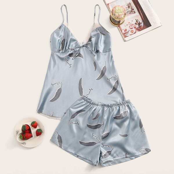 

Feather Print Satin Cami Pajama Set