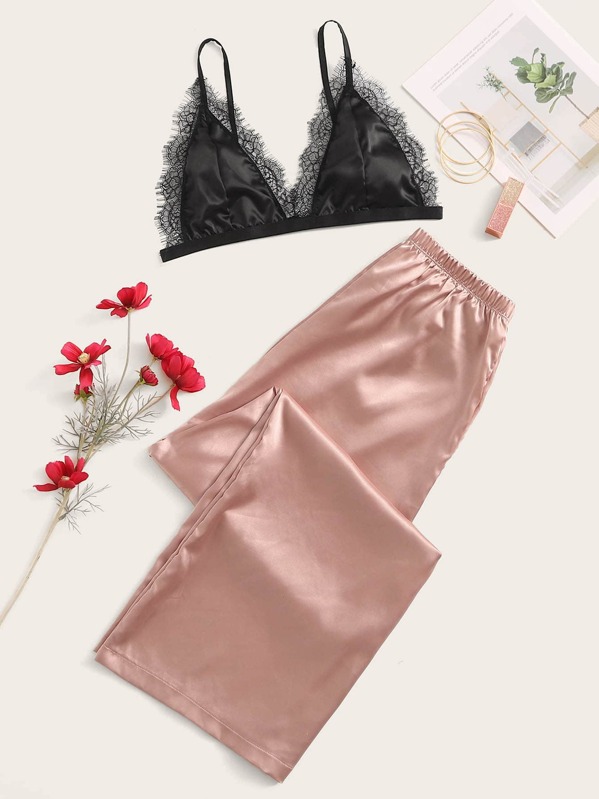 

Eyelash Lace Satin Bralette With Pants PJ Set, Multicolor