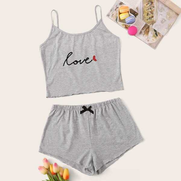 

Letter & Heart Print Cami Pajama Set