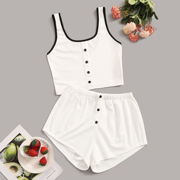 

Contrast Binding Button Detail Pajama Set