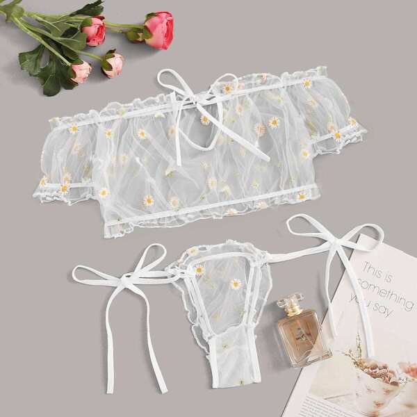 

Daisy Embroidered Mesh Panel Lingerie Set