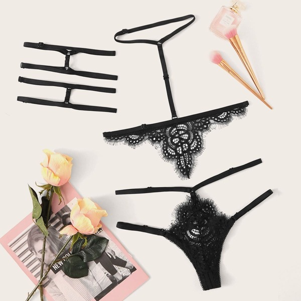 

Eyelash Lace Lingerie Set With Choker & Garter Leg Ring, Black