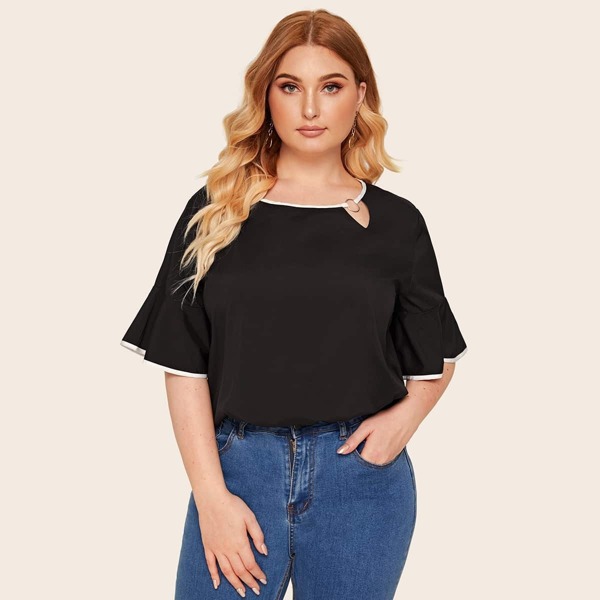 

Plus Contrast Trim Flounce Sleeve Ring Detail Blouse