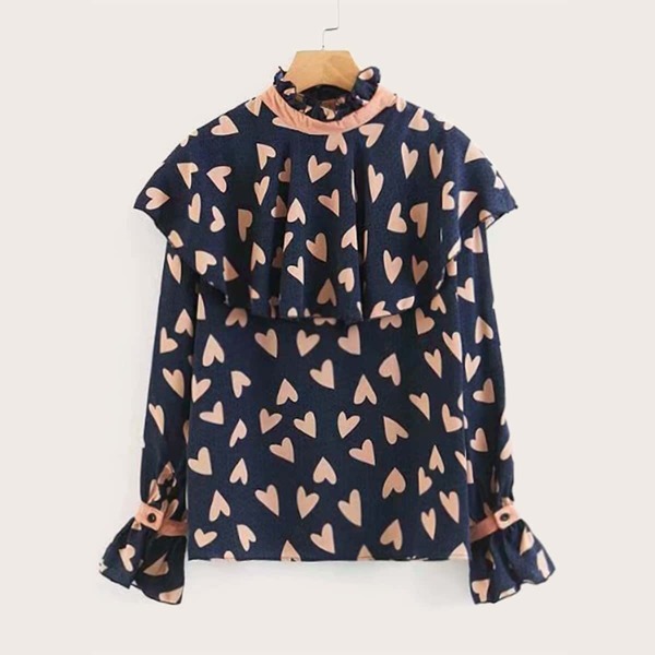 

Heart Print Frill Neck Flounce Sleeve Blouse