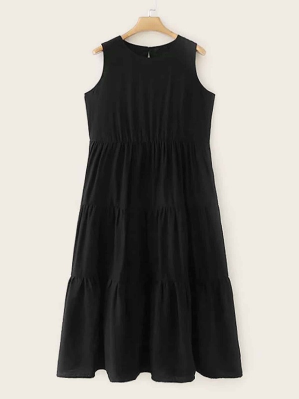 

Button Keyhole Back Ruffle Hem Dress, Black