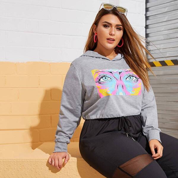 

Plus Eyes Print Drawstring Hem Hoodie, Grey