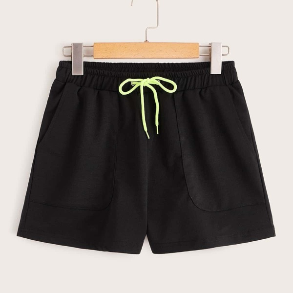 

Drawstring Waist Double Pocket Shorts, Black
