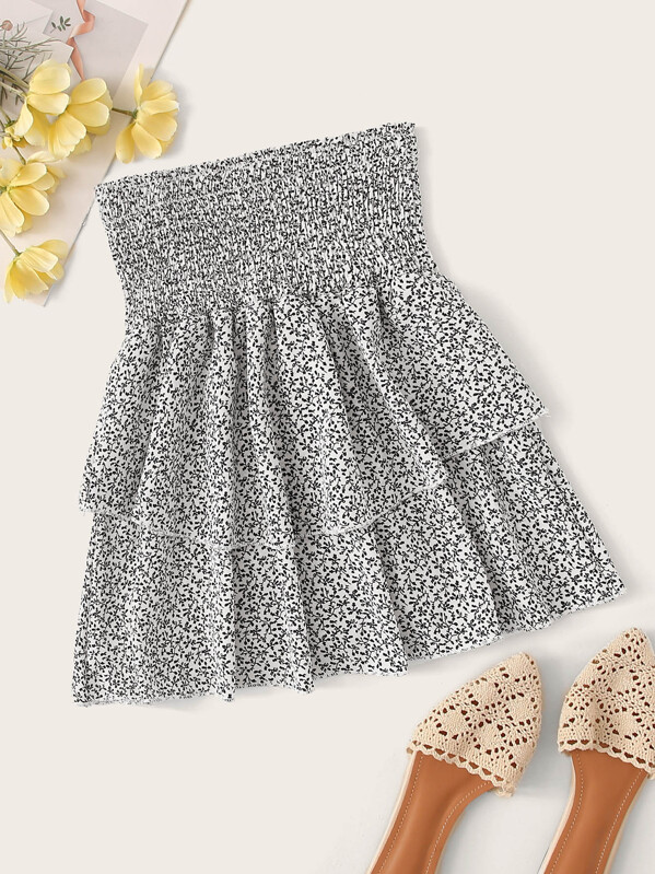 

Ditsy Floral Print Shirred Tiered Layer Skirt, Black and white