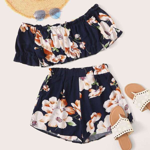 

Off Shoulder Floral Print Ruffle Hem Top With Elastic Waist Shorts