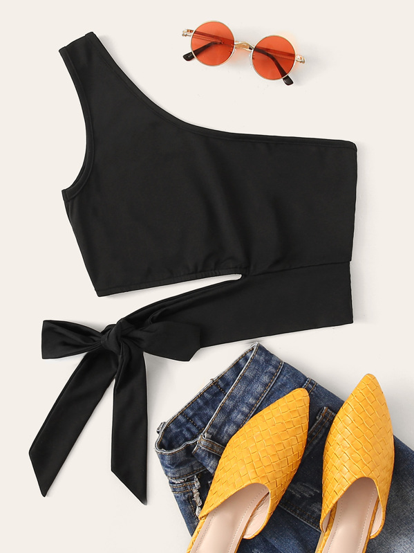 

One Shoulder Tie Side Cut Out Top, Black