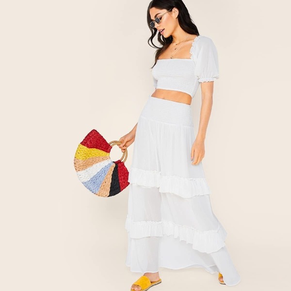

Frill Trim Shirred Panel Top and Maxi Skirt Set, White