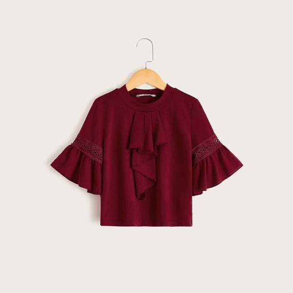 

Girls Guipure Lace Insert Ruffle Trim Top, Burgundy