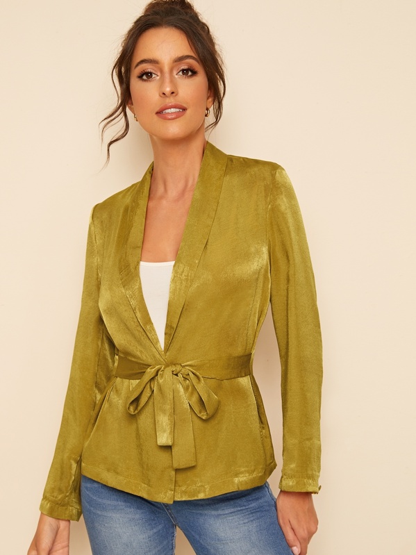 

Shawl Collar Single Button Belted Satin Blazer, Yellow, Mary P.