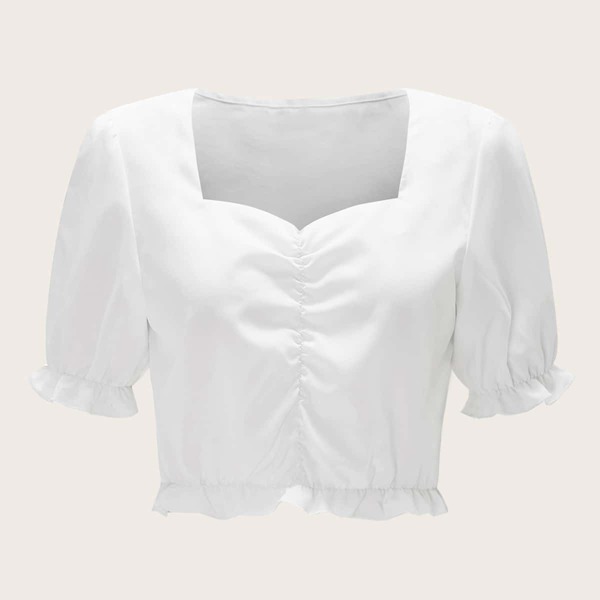 

Sweetheart Neck Ruched Detail Ruffle Hem Top, White