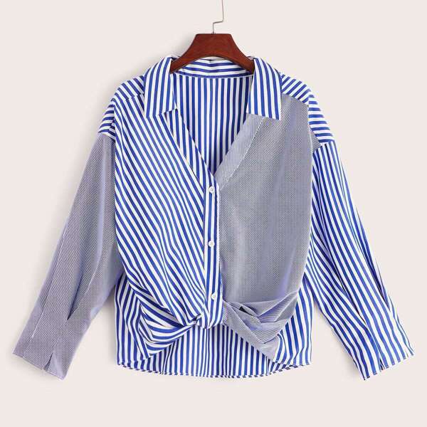 

Striped Print Twist Front Shirt, Blue